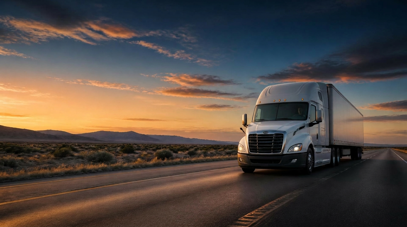 Modern white semi-truck on an open highway at golden hour - nationwide coverage
